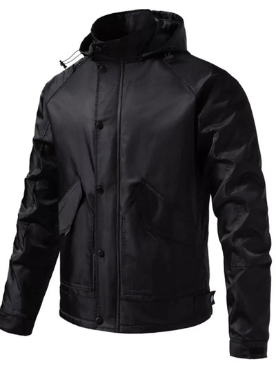 Men's Waterproof Windbreaker Hooded Tactical Jacket in black with pockets and button-and-zip fastening.