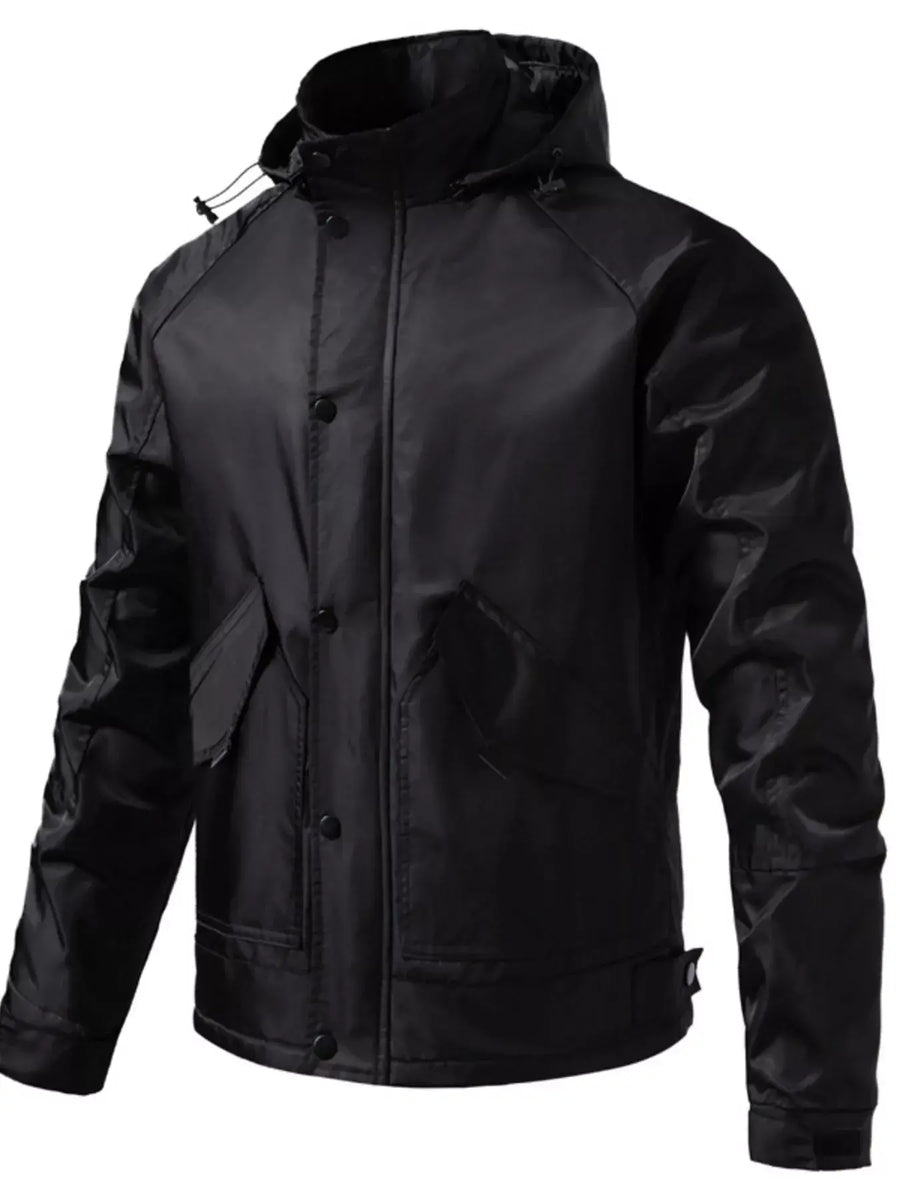 Men's Waterproof Windbreaker Hooded Tactical Jacket in black with pockets and button-and-zip fastening.