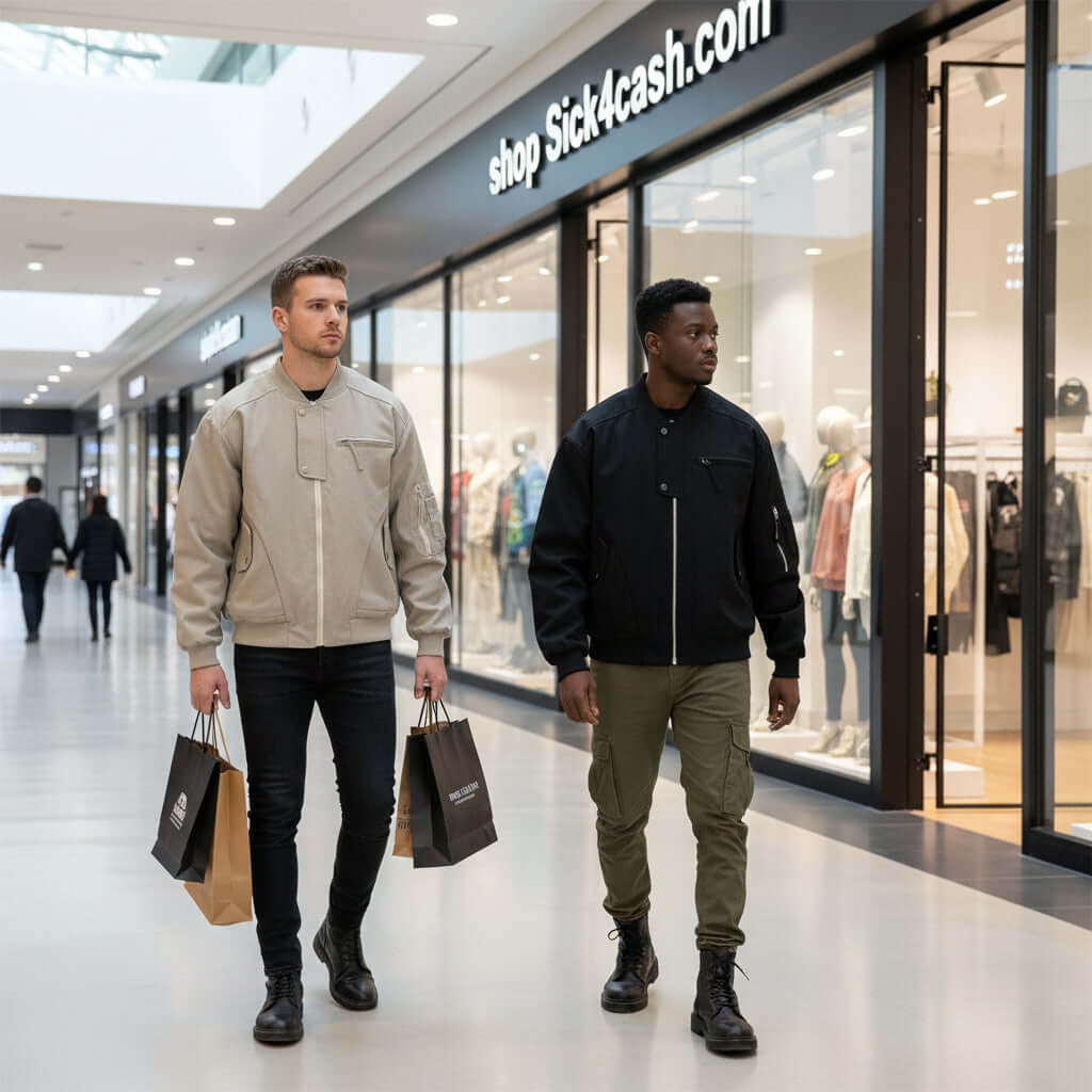 Two men wearing Pilot canvas short and wide jackets, shopping bags in hand, in a stylish mall setting.