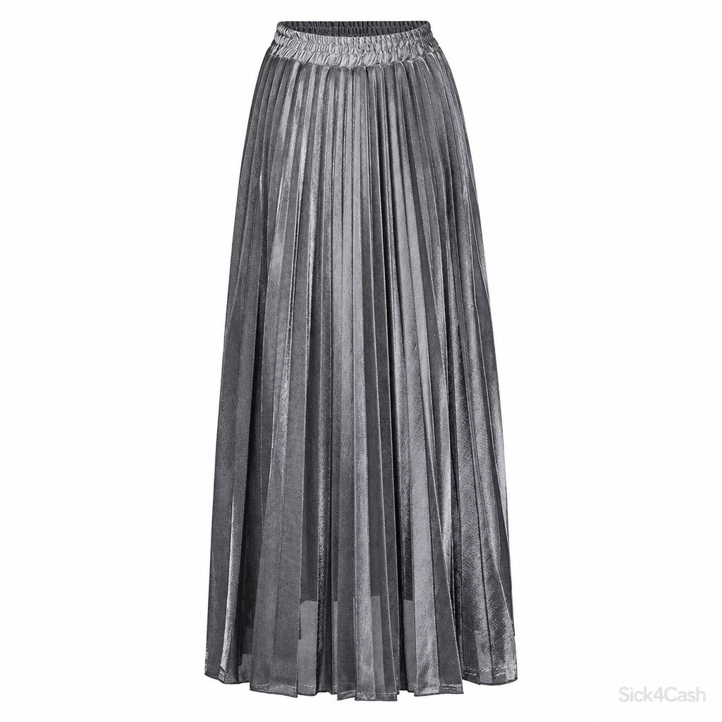 High-Waisted Metallic Pleated Maxi Skirt in metallic silver with pleated design and pull-on waistband.