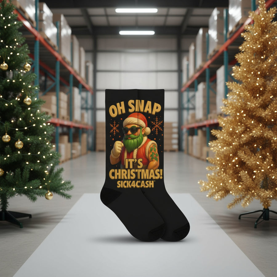 Black socks with a graphic of a Santa-like figure 