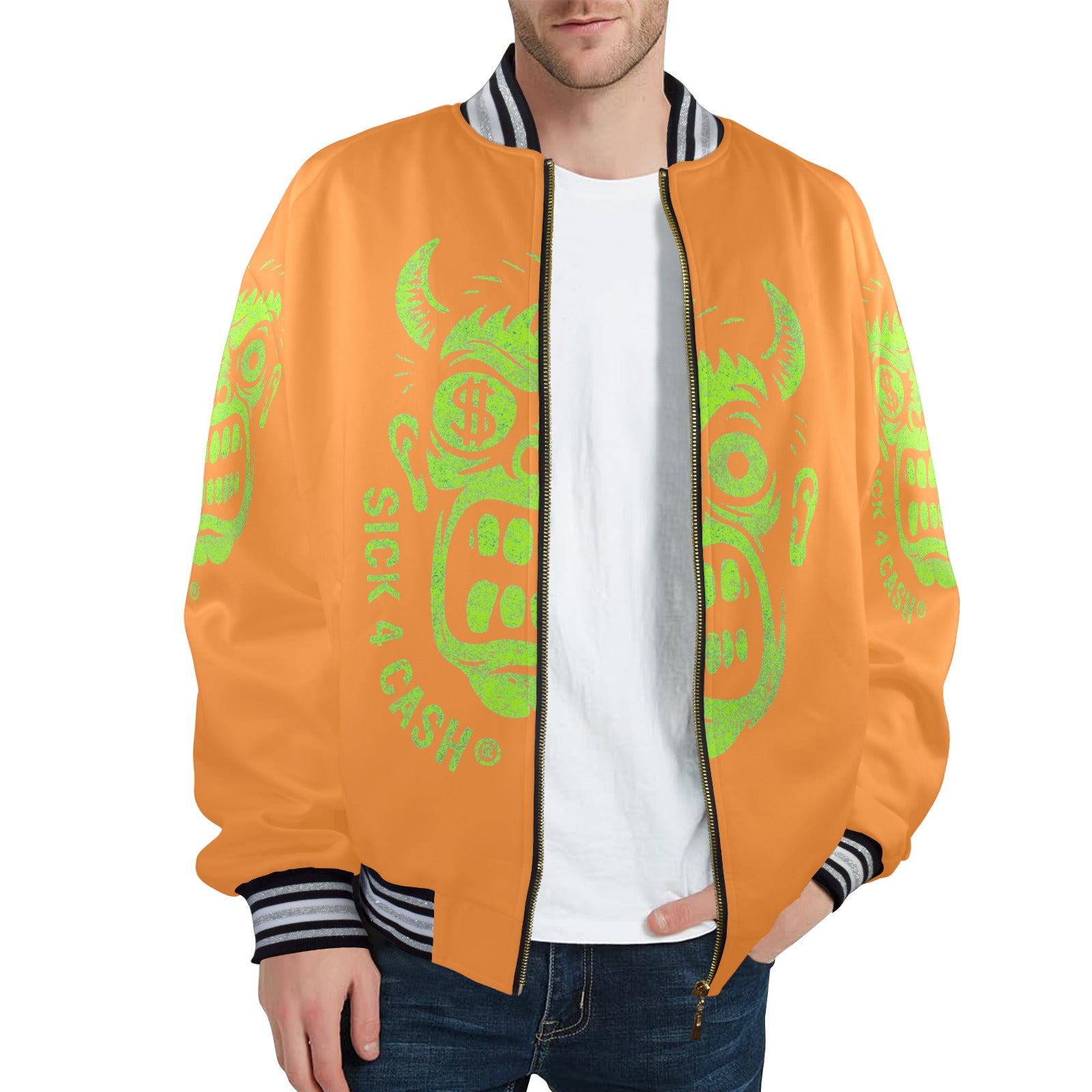 S4C CASH FACE™ Unisex Striped Trim Bomber Jacket – Halloween Edition