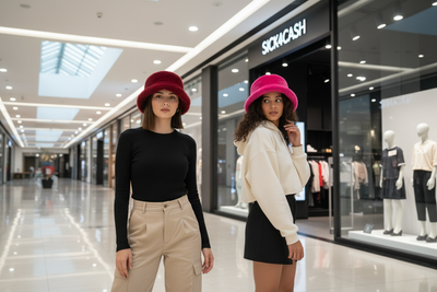 Two fluffy, colorful slippers on a glass surface with a blurred background