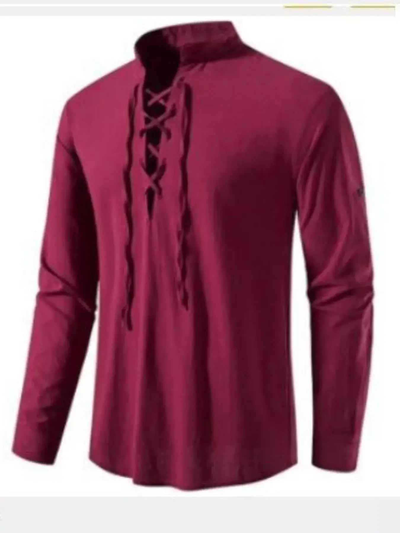 Maroon long-sleeve shirt with lace-up design on a white background