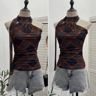 Ribbon top hanging neck plaid camisole vest for women