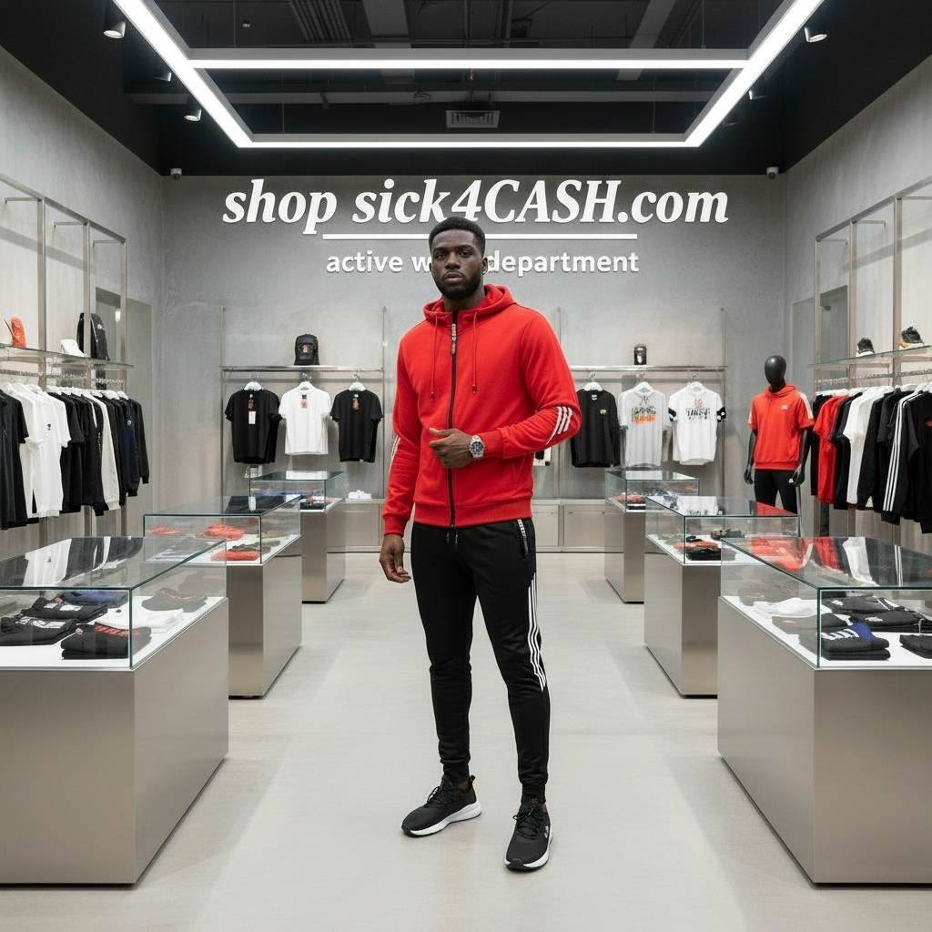 Man in a red hoodie standing in a store with 'shop sick4CASH.com' displayed.