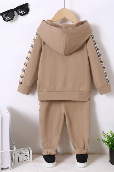 Children's Plaid Hoodie and pants Set displayed with a beige color scheme, featuring a hood and striped design on the sleeves.