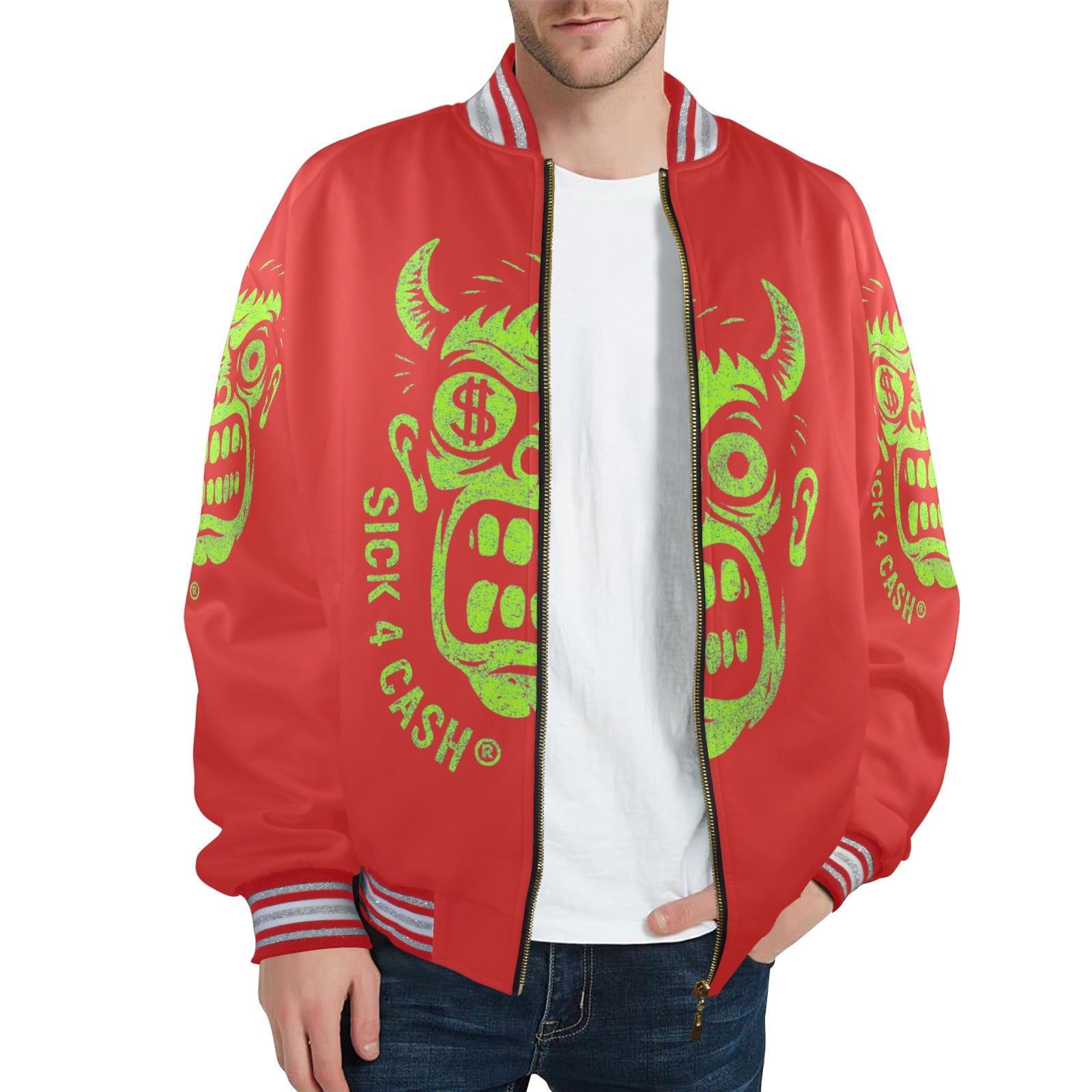 S4C CASH FACE™ Unisex Striped Trim Bomber Jacket – Halloween Edition