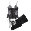 Embroidered floral perspective sexy hollow out strap shaping underwear split set with stockings
