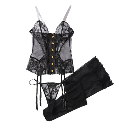 Embroidered floral perspective sexy hollow out strap shaping underwear split set with stockings