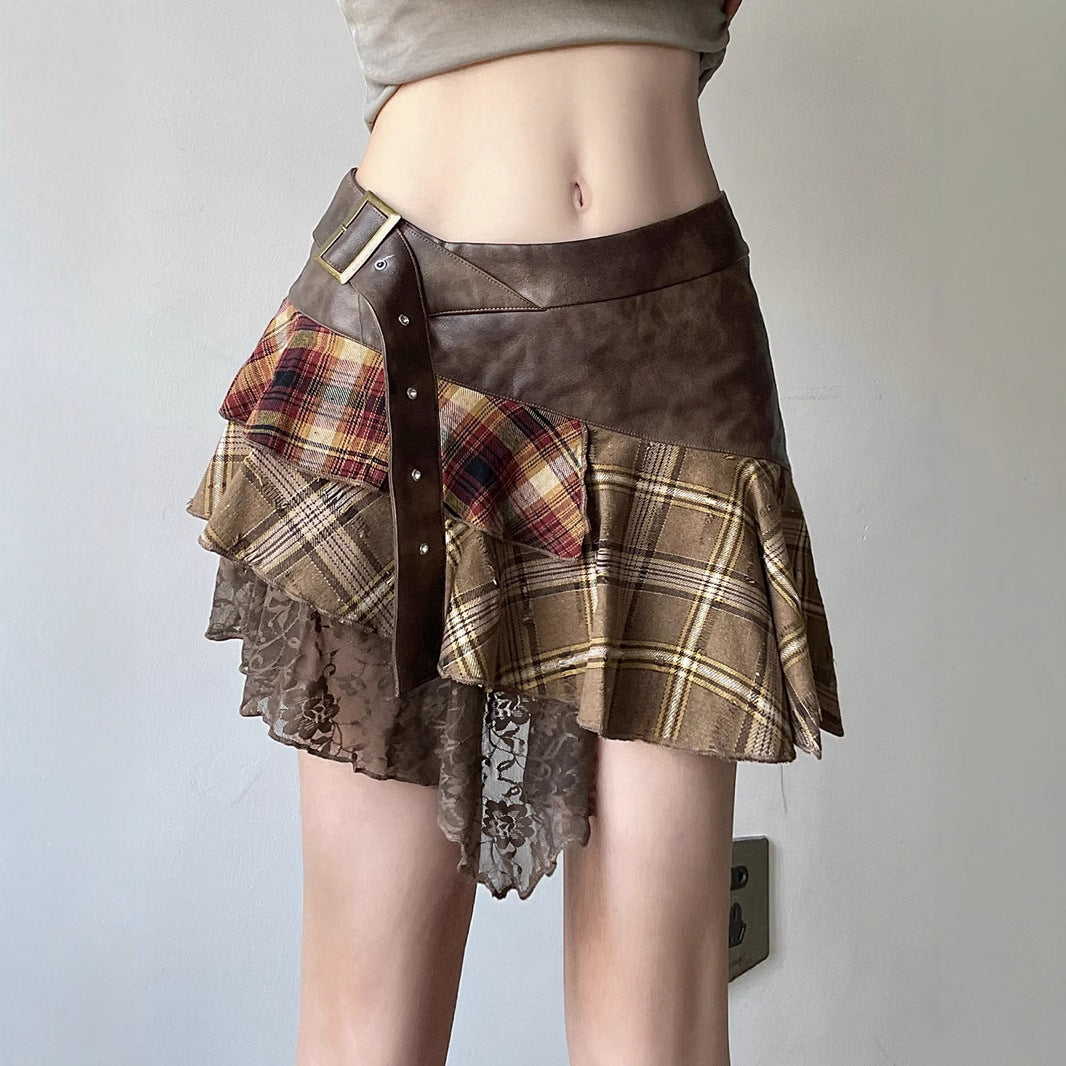 Wandering Girl Plaid-Spliced Lace Skirt
