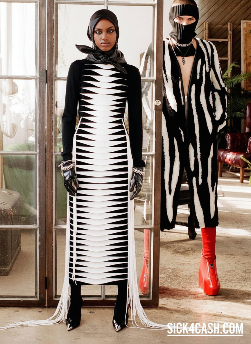 Woman in a black and white dress standing in front of a floral wall with 'shop Sick Cash.com' text.