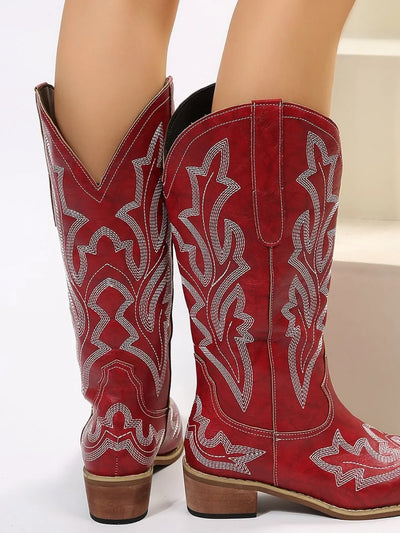 S4C PU Leather Embroidered Geometric Point Toe Boots