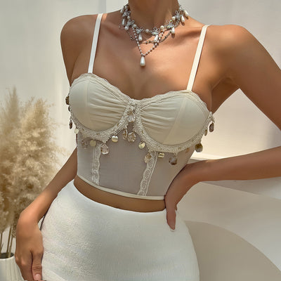 Luxury Solid Mesh Breathable Shell Pendant Sweet Girl Underwire Gathered Small Camisole