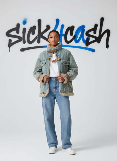 Women’s Denim Coat Stand Collar PU Leather Buckle Patchwork Plush Thicken Cotton-Padded Jacket—a bold outerwear piece that blends rugged denim