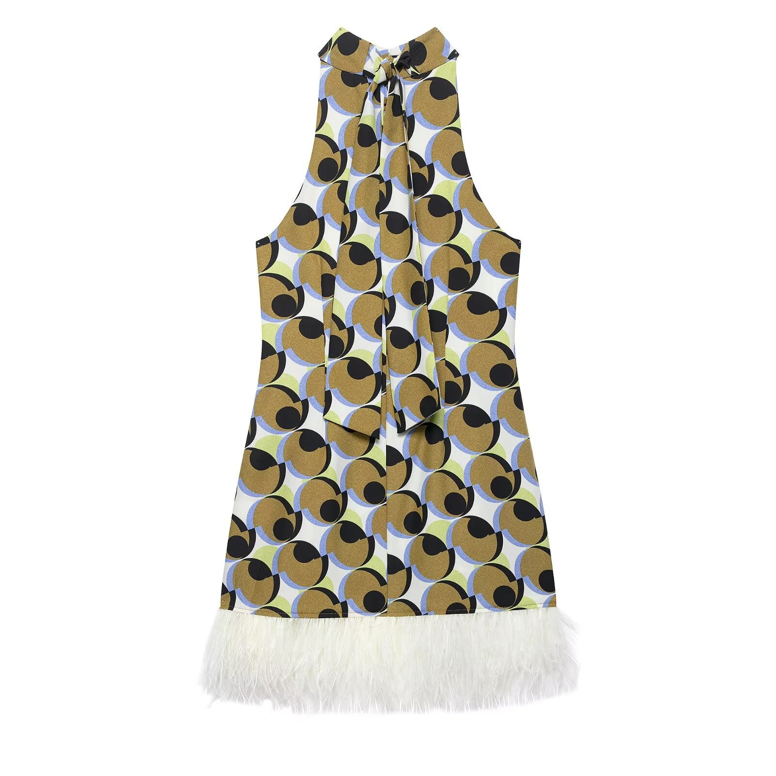 Hanging Neck Feather Geometry Dress