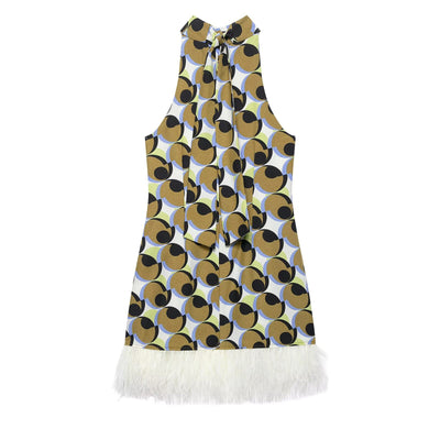 Hanging neck sleeveless feather geometric pattern dress for women