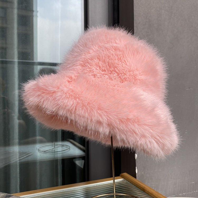 Fluffy Faux Fur Bucket Hat pink