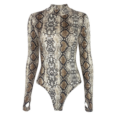 Sexy snake print long sleeved high neck jumpsuit for women