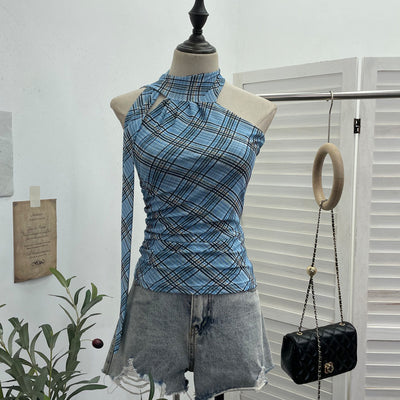 Ribbon top hanging neck plaid camisole vest for women