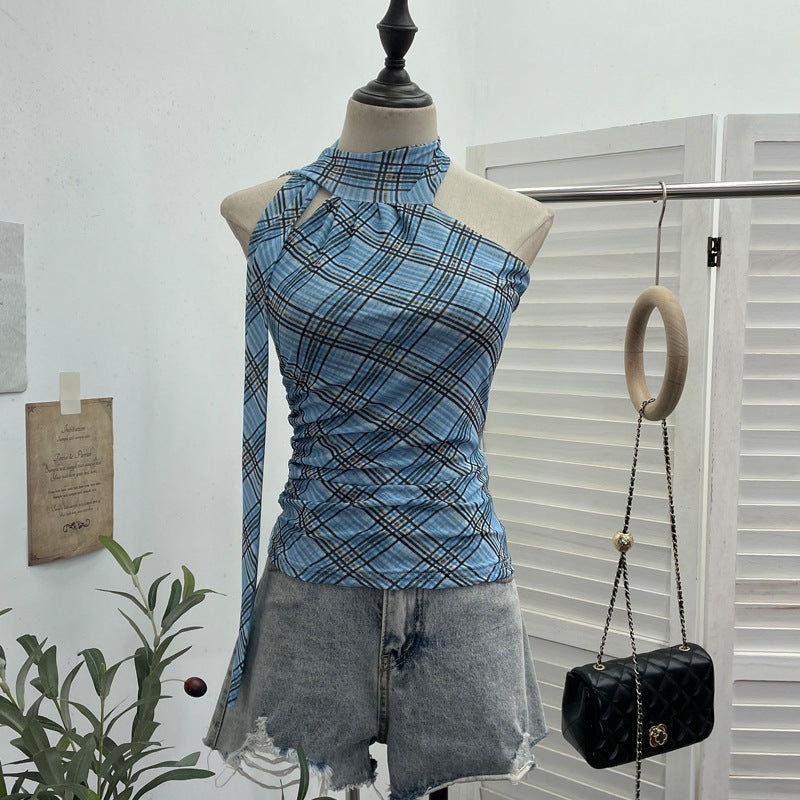 Ribbon top hanging neck plaid camisole vest for women
