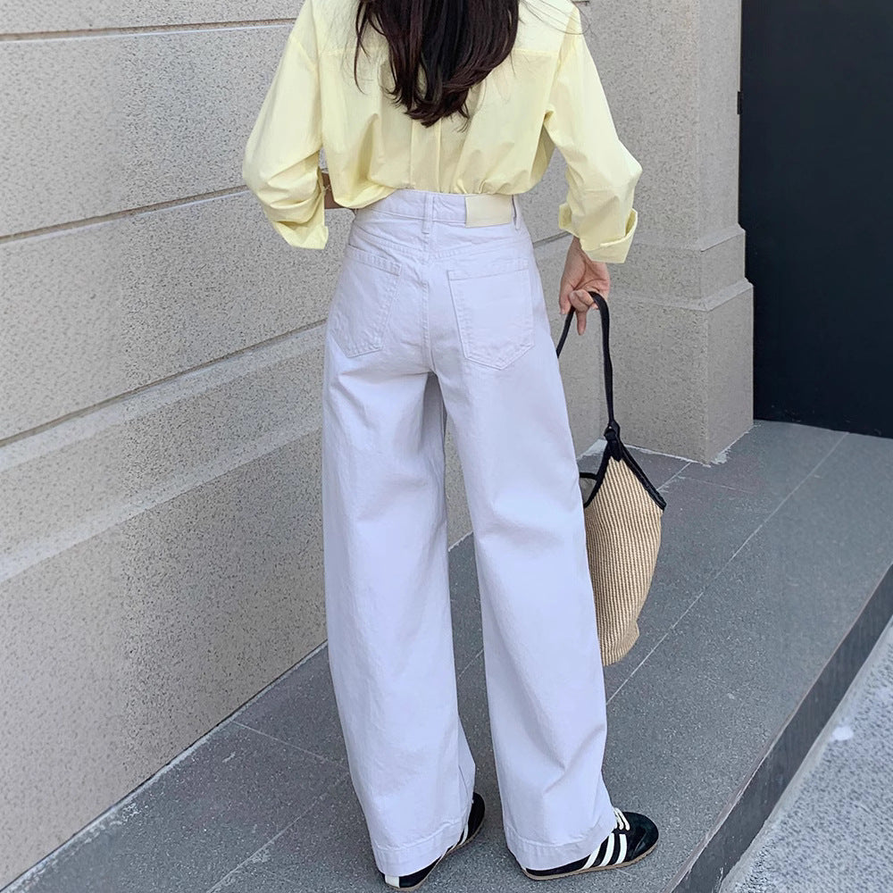 White Cotton Denim Pants – High-Waist Loose Wide-Leg Flare Trousers for Women