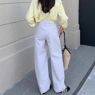 High-quality Pure Cotton White Denim Pants for Women,Loose Wide-leg Trousers with High Waist and Relaxed Fit Flare Long Pants