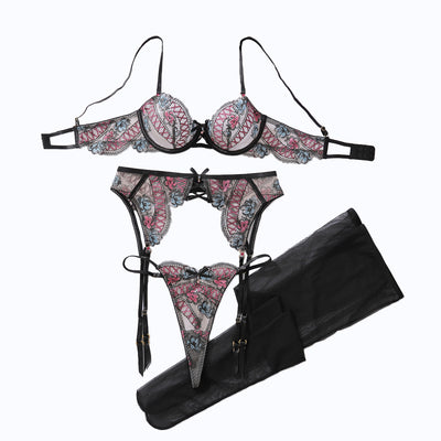 Color blocked floral embroidery pure desire perspective shaping sexy lingerie split set