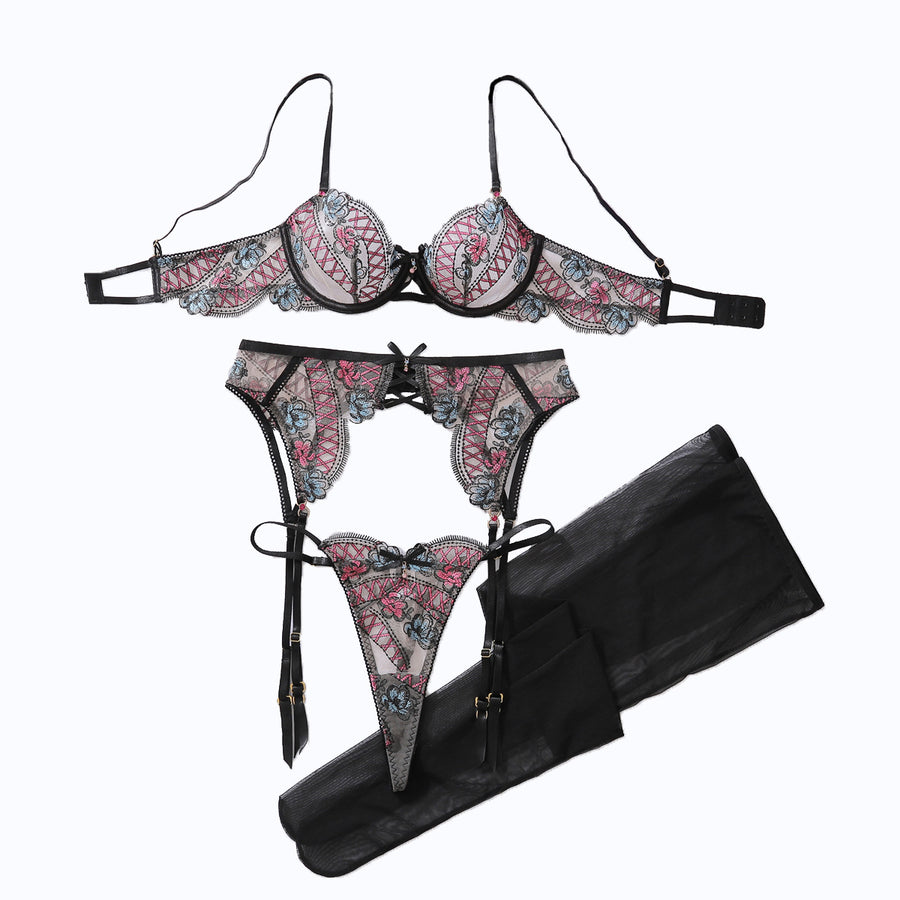 Color-Blocked Floral Embroidery Lingerie – Sheer 2-Piece Shaping Split Set