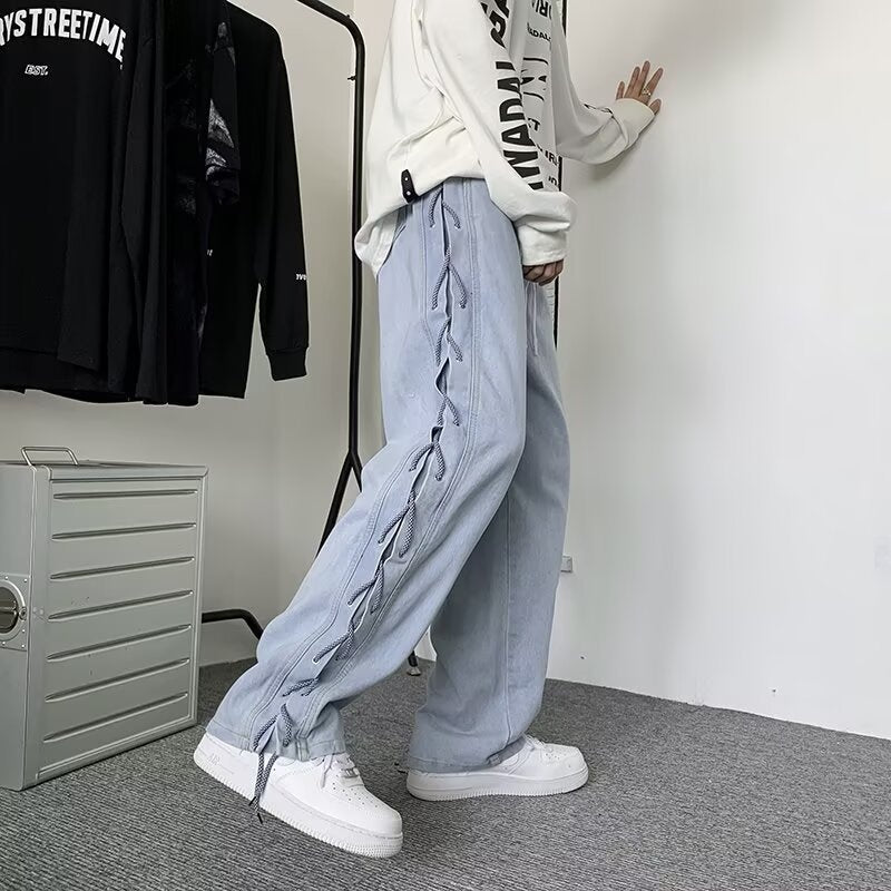 Strap Detail Wide-Leg Pants – Straight Tube Swagger, Slim Fit Flex