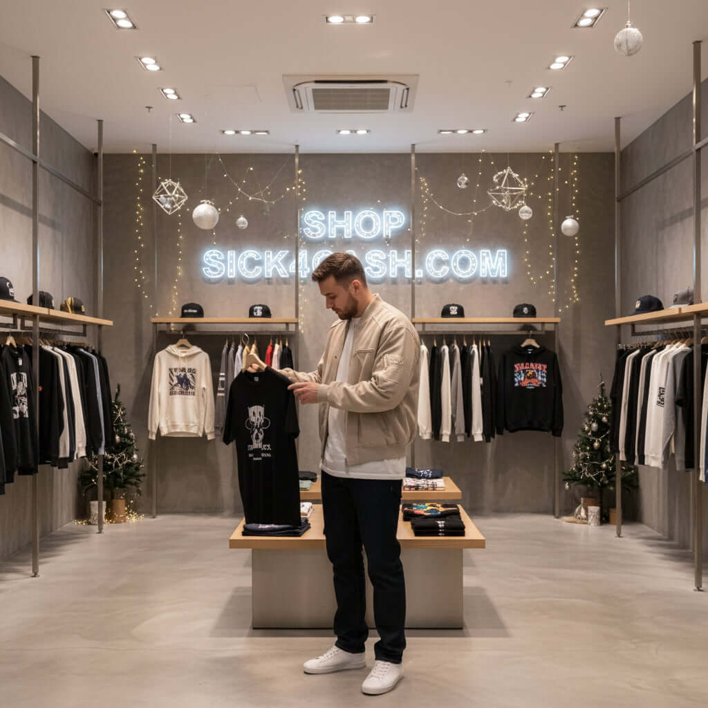 Man wearing a beige jacket inspecting a black shirt in a trendy clothing store with neon lights.