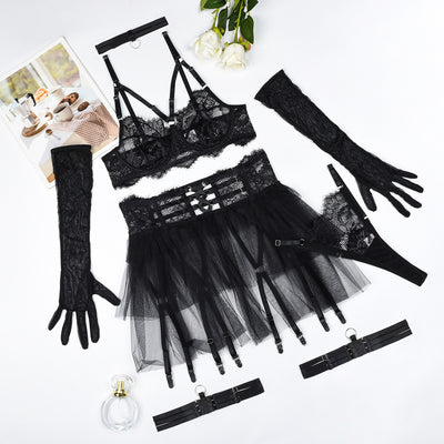 Sick 4 Cash Sexy lingerie lace see through mesh sexy fluffy skirt six piece set for women