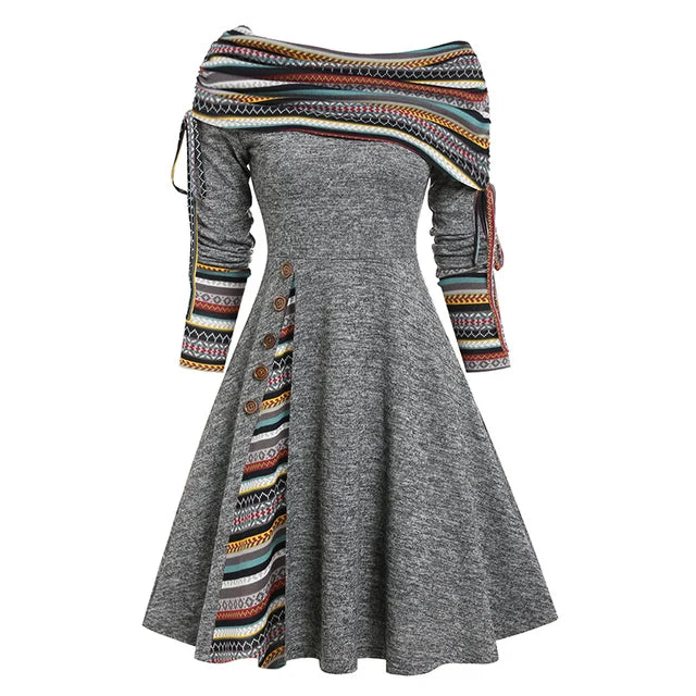 Women's Fall Winter Convertible Neck Cinched Striped Flare A-Line Dress – Long Sleeve Casual Vestidos