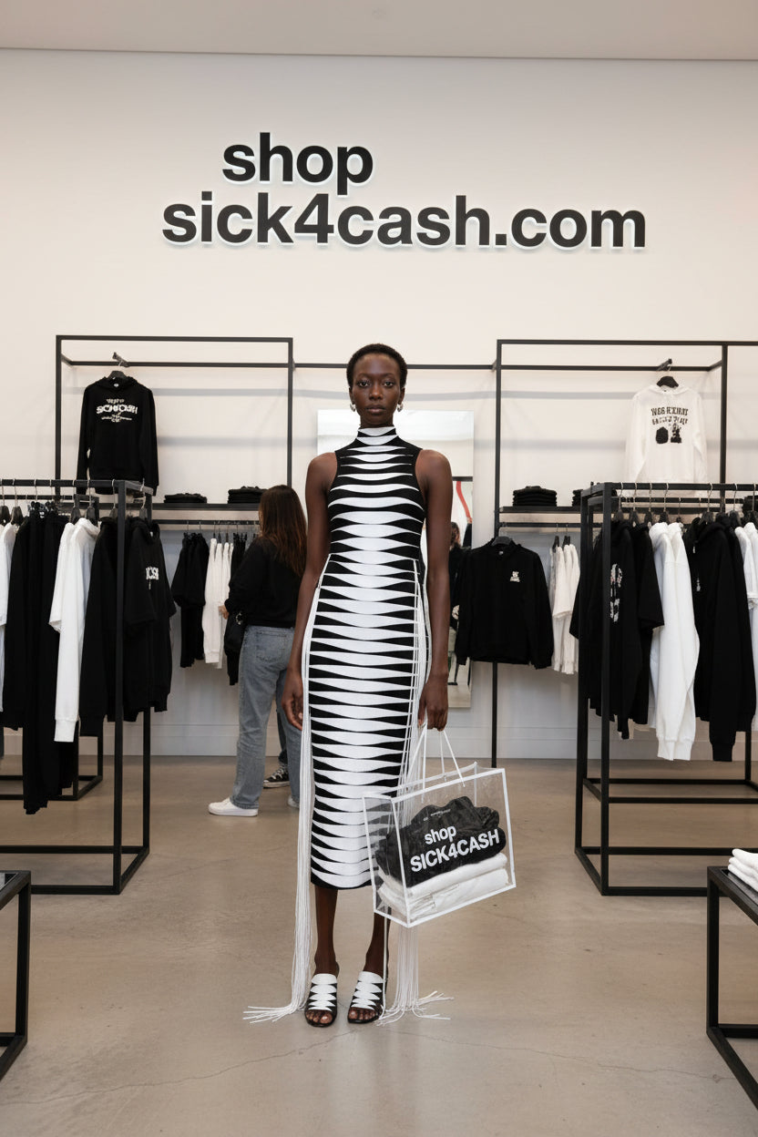Woman wearing a black and white patterned dress on a white background