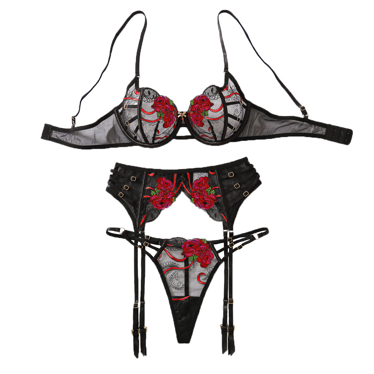 Embroidered Three-Piece Lingerie Set – Bold Elegance, S4C Edition