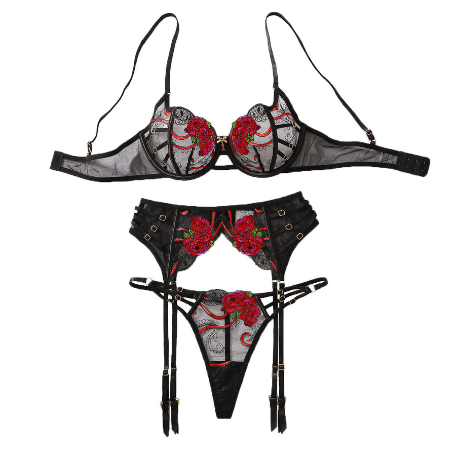 Embroidered Three-Piece Lingerie Set – Bold Elegance, S4C Edition
