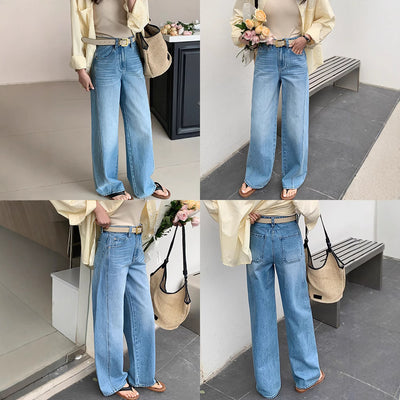 Tailored Denim Pants Women Design High Waist Loose Slimming Long Pants Vertical Feel Narrow Leg Wide-Leg Pants