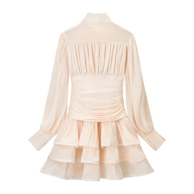 Elegant stand up collar lantern sleeve layered decorative dress
