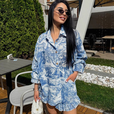 Women's Comfortable Casual Ruffle Hem Printed Notched Collar Long Sleeve Shorts Two-Piece Set