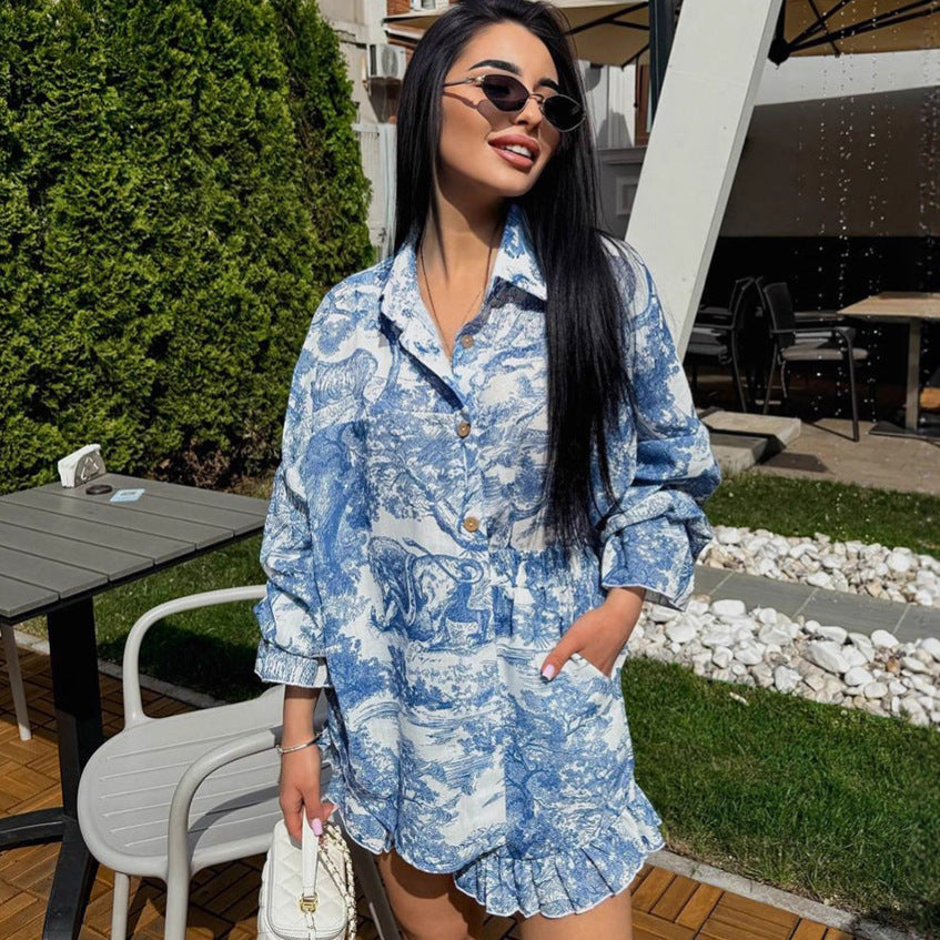 Women's Comfortable Casual Ruffle Hem Printed Notched Collar Long Sleeve Shorts Two-Piece Set