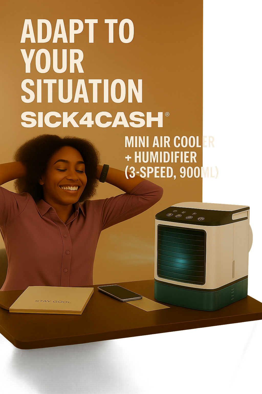 SICK4CASH® Stay Cool, Stay Grinding Air Fan & Humidifier — For Studios, Bedrooms & Office Spaces