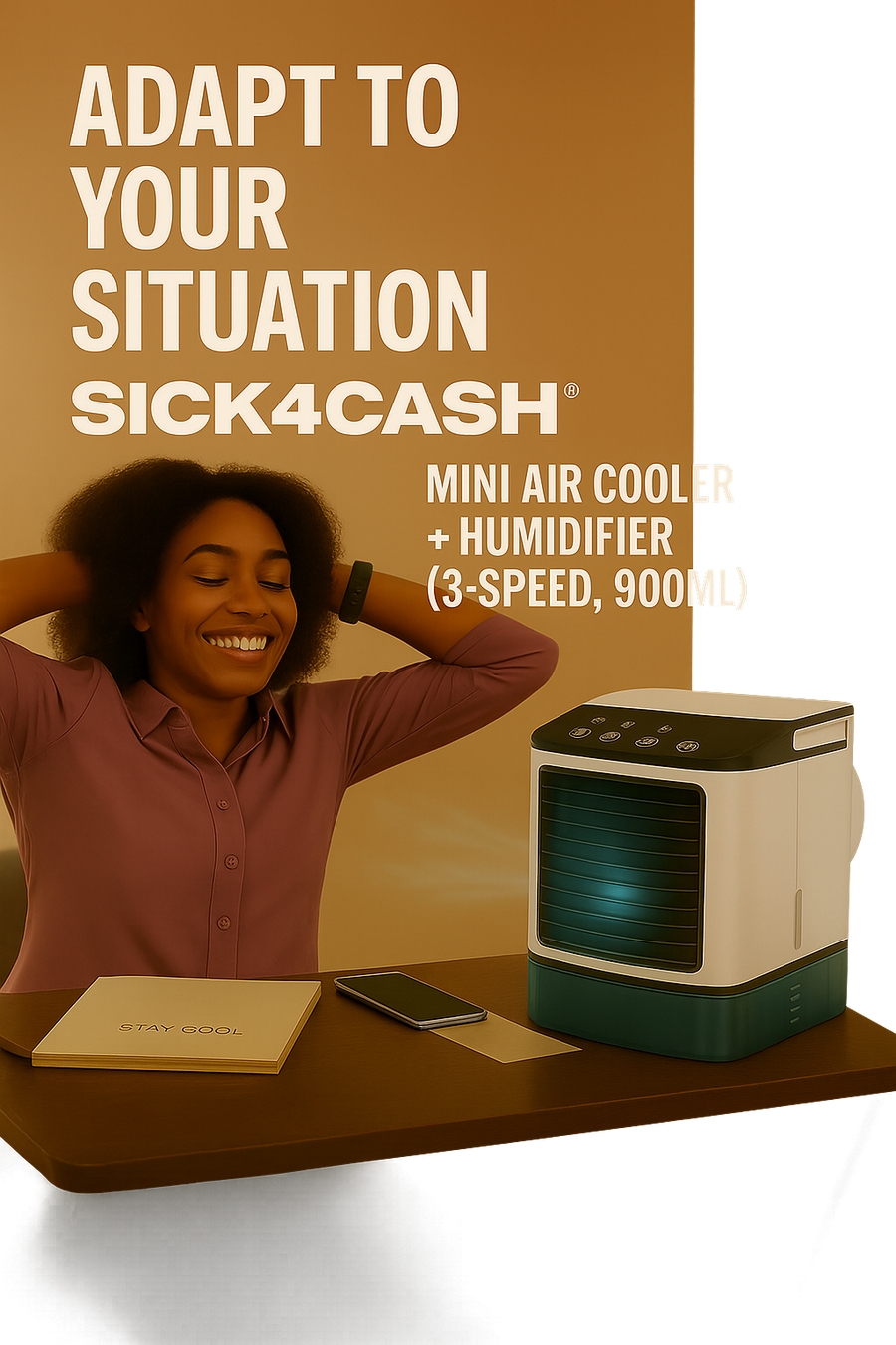 SICK4CASH® Stay Cool, Stay Grinding Air Fan & Humidifier — For Studios, Bedrooms & Office Spaces