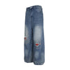Washed Patch Embroidered Denim Pants Unisex Loose Wide Leg Straight Trousers