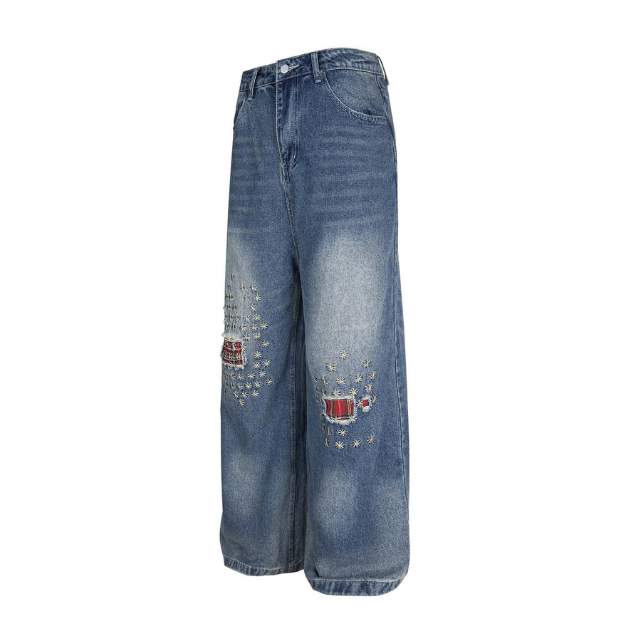 Washed Patch Embroidered Denim Pants Unisex Loose Wide Leg Straight Trousers