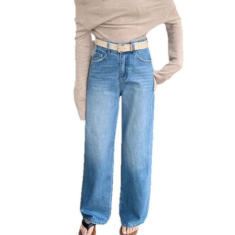 Korean Style Straight-Leg Jeans – High Waist Slimming Wide-Leg Denim for Pear-Shaped Women
