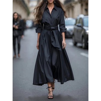 Solid Color Lace-Up Polo Collar Dress Jacket – Long Skirt Coat with Street-Chic Elegance