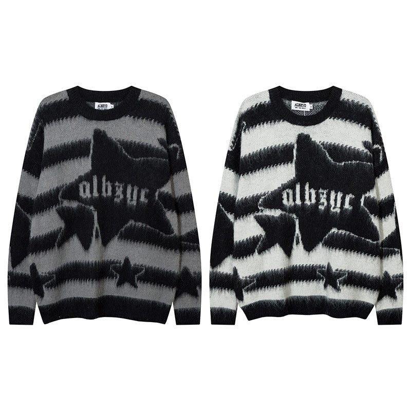 Striped Star Mohair Sweater – Unisex Loose Knit for Streetwear Couples