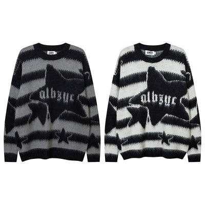 Striped Star Mohair Crew Neck Sweater Men's Loose Casual Couple Knit Top