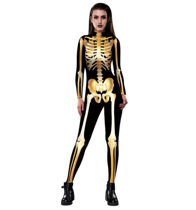 Gold Mechanical Bone Skull Costume Women Halloween Outfit Skeleton Costumes Plus Size Jumpsuit Scary Bodysuit