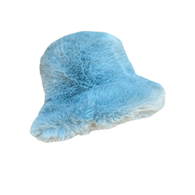 Blue Fluffy Faux Fur Bucket Hat  Winter Hat